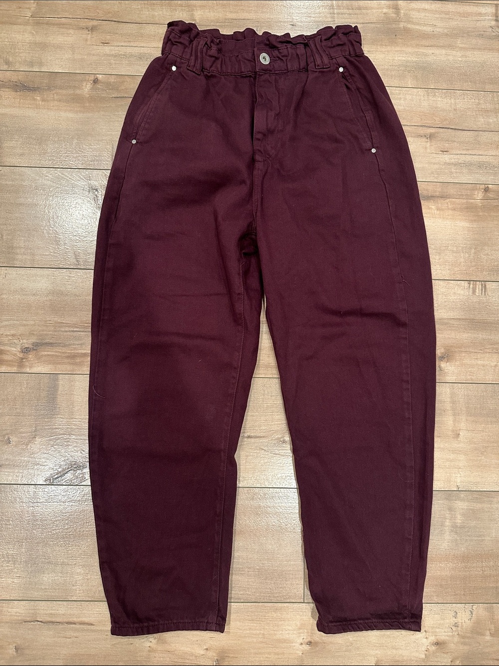 Zara Burgundy Wine Paperbag Elastic Waist Pants Sz 6